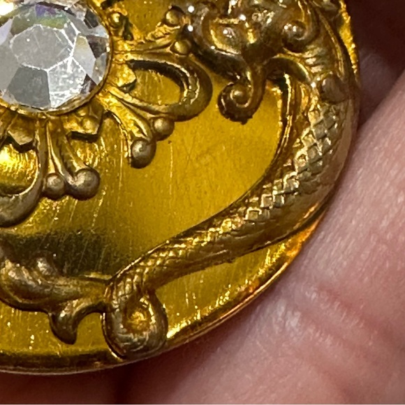 Vintage Patti Horn Gold Tone Round Clip On Earrings Signed Center Rhinestone - Picture 11 of 11